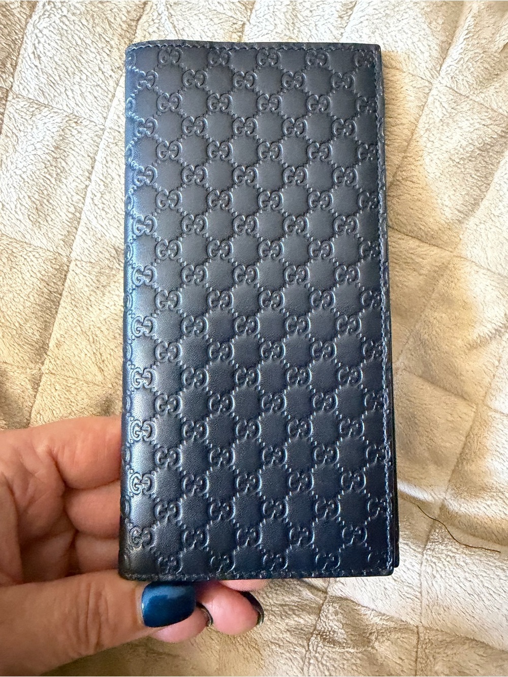 Gucci Navy Blue Embossed GG Leather Tall Card & Cash Wallet / Checkbook Cover